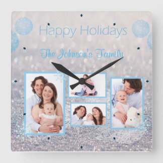 Family PHOTO Christmas Snowy Square Wall Clock