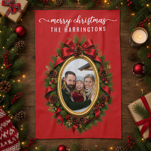 Family Photo Christmas Tree Wreath Elegant Script Kitchen Towel