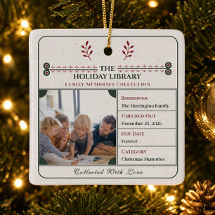 Family Photo Christmas Vintage Library Card Ceramic Ornament