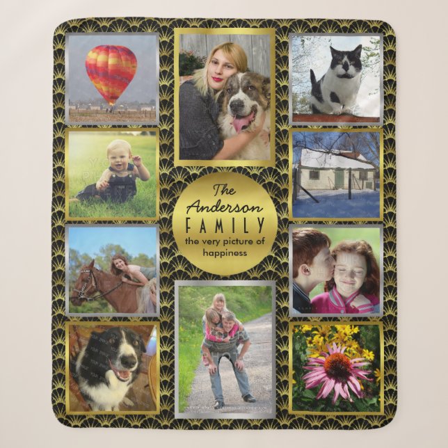 Family Photo Collage 10 Pictures | Black Gold Deco Sherpa Blanket (Front)