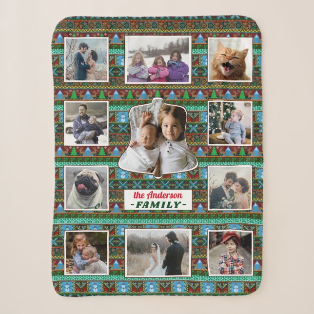 Family Photo Collage 11 Custom Christmas Pattern Sherpa Blanket (Front)