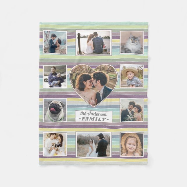 Family Photo Collage 11 Custom Heart Retro Stripe Fleece Blanket (Front)