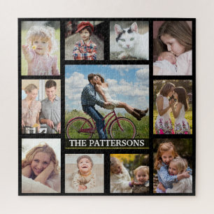 Family Photo Collage 11 Pictures Name Square Black Jigsaw Puzzle