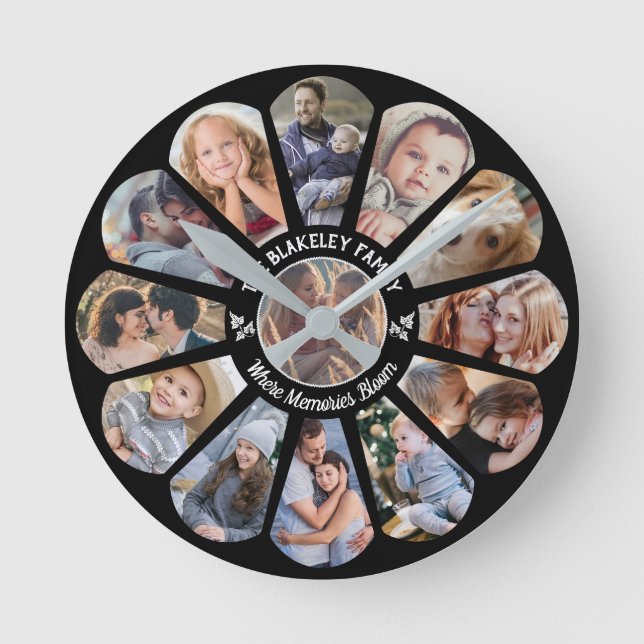 Family Photo Collage 13 Custom Flower Shape Black Round Clock (Front)