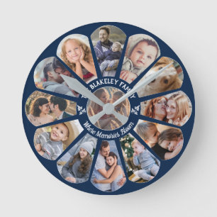 Family Photo Collage 13 Custom Flower Shape Blue Round Clock