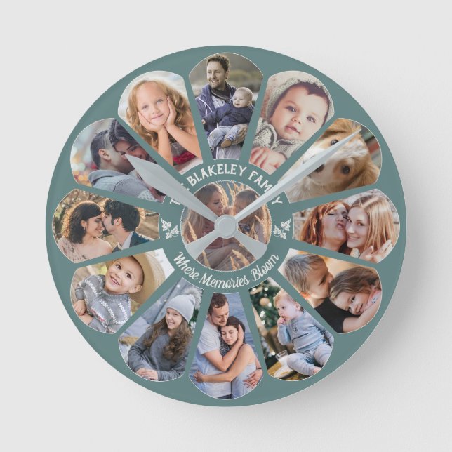 Family Photo Collage 13 Custom Flower Shape Teal Round Clock (Front)