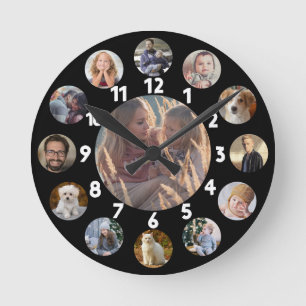 Family Photo Collage 13 Instagram Pictures   Black Round Clock