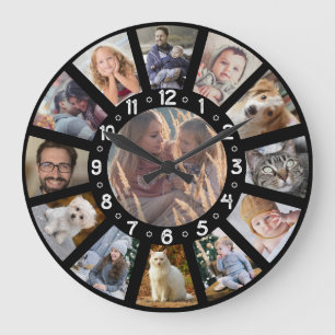 Family Photo Collage 13 Pic and Numbers Easy Black Large Clock