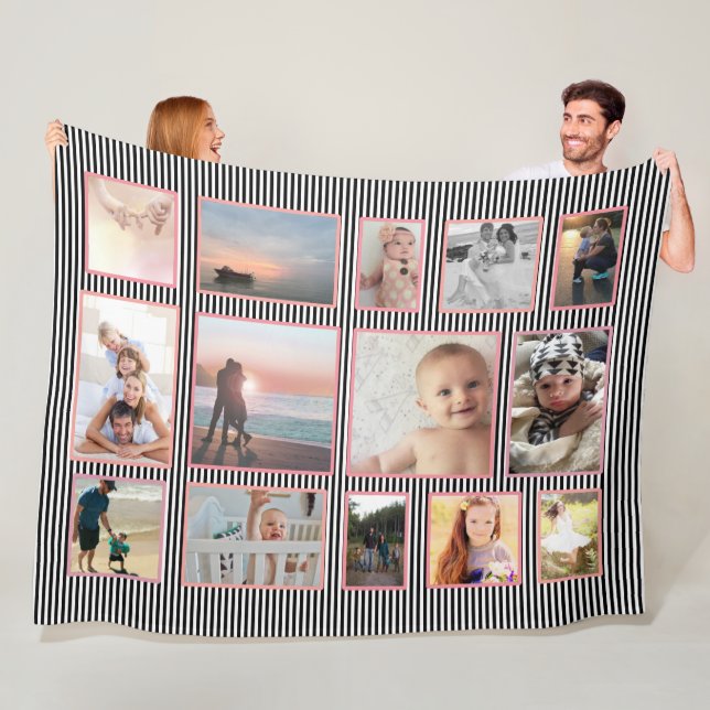 Family Photo Collage 14 Photos Pastel Pinks Fleece Blanket (In Situ)