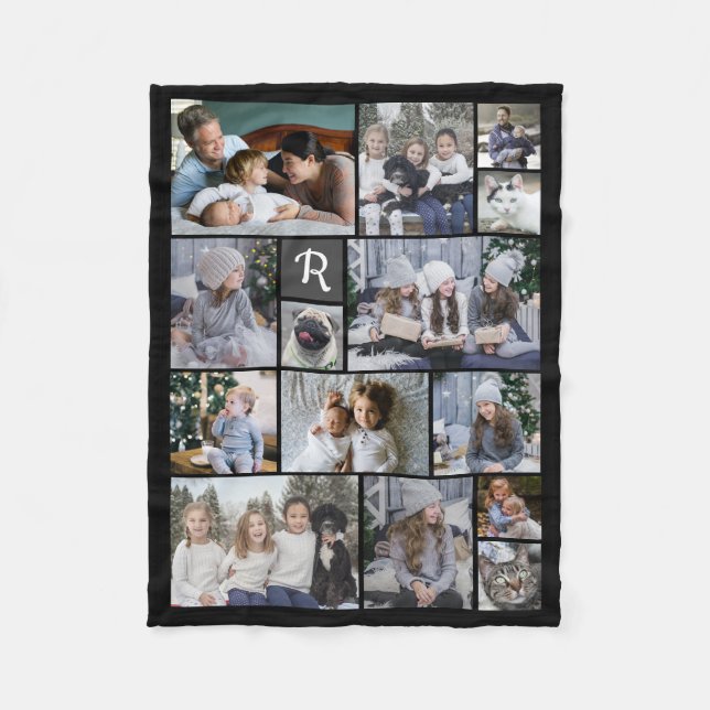 Family Photo Collage 14 Pics + Monogram Black Easy Fleece Blanket (Front)