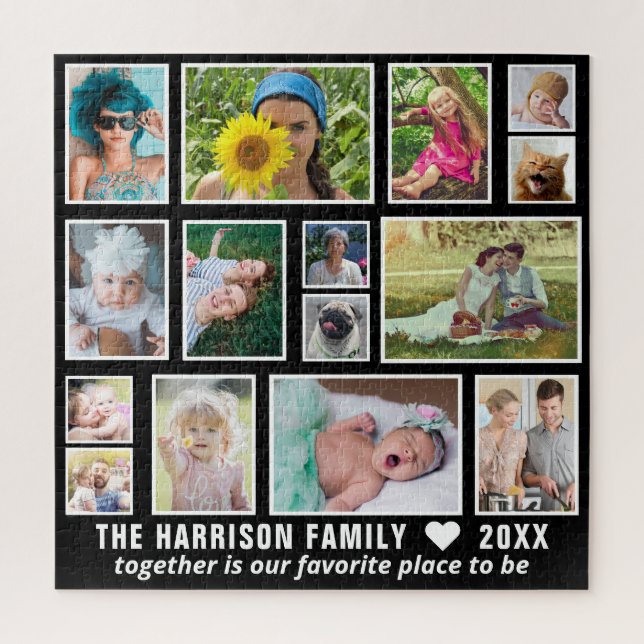 Family Photo Collage 15 Custom Black White Square Jigsaw Puzzle (Vertical)