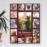 Family Photo Collage 15 Name Red Buffalo Plaid Canvas Print<br><div class="desc">Display your favourite family or wedding memories with this beautiful photo collage art in red buffalo plaid. This design includes one large central vertical photo, along with 2 smaller vertical photos and 12 square Instagram-style pictures. Add your name in white. The words "Love - Happiness" can also be changed or...</div>