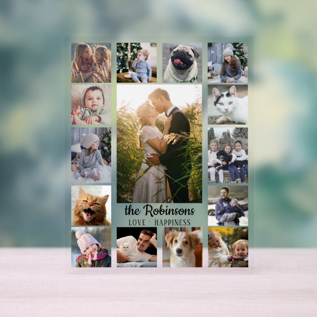Family Photo Collage 15 Pictures Name Easy Custom Acrylic Sign (Neutral)
