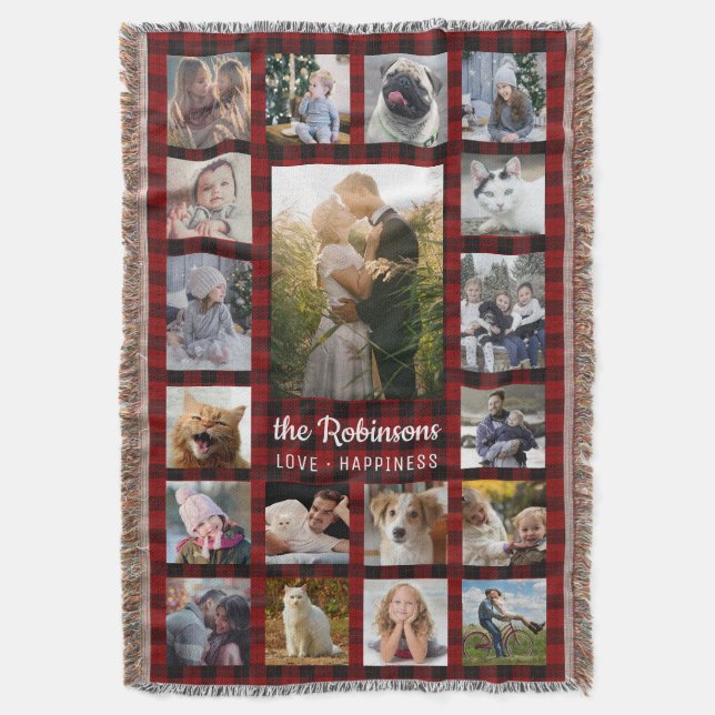 Family Photo Collage 19 + Name Red Buffalo Plaid Throw Blanket (Front Vertical)