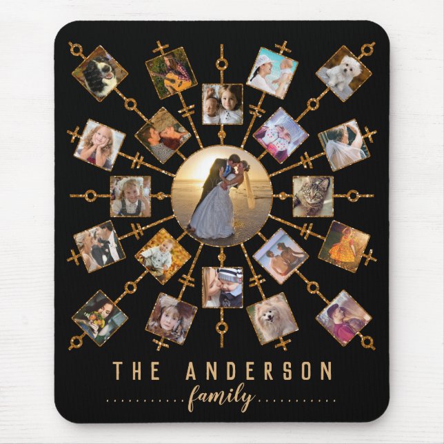Family Photo Collage 21 Pictures Black Gold + Name Mouse Pad (Front)