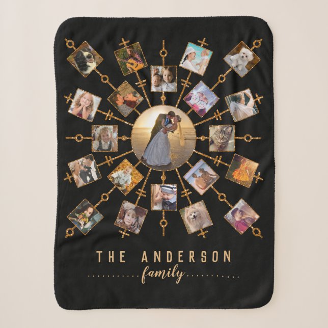 Family Photo Collage 21 Pictures Black Gold + Name Sherpa Blanket (Front)