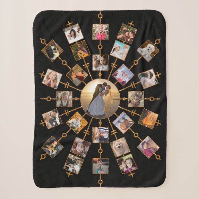 Family Photo Collage 27 Pictures Pretty Black Gold Sherpa Blanket (Front)