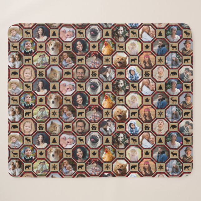 Family Photo Collage 28 Red Buffalo Plaid Quilt Sherpa Blanket (Front (Horizontal))