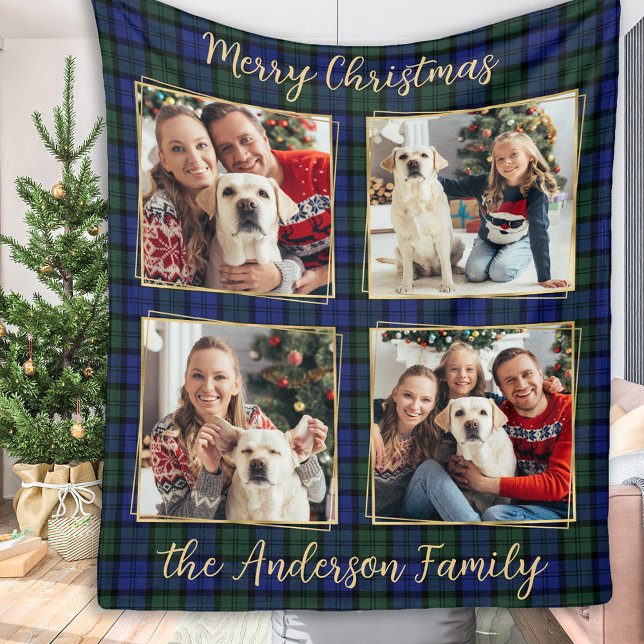 Family Photo Collage 4 Custom Modern Holiday Plaid Fleece Blanket (Creator Uploaded)