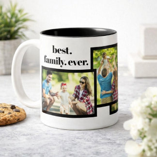 Family Photo Collage - 4 Photos and Custom Text Two-Tone Coffee Mug