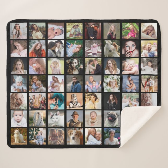 Family Photo Collage 56 Square Pics Easy Custom Bk Sherpa Blanket (Front (Horizontal))