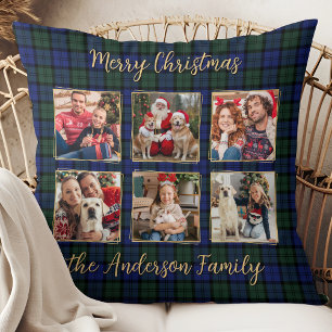 Family Photo Collage 6 Custom Modern Holiday Plaid Throw Pillow