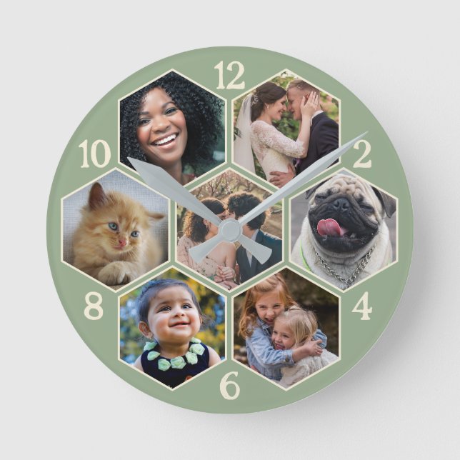 Family Photo Collage 7 Custom Sage Hexagon Flower Round Clock (Front)