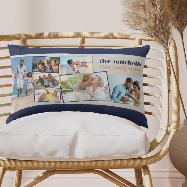 Family Photo Collage 7 Photos and Custom Text Blue Lumbar Pillow (Creator Uploaded)