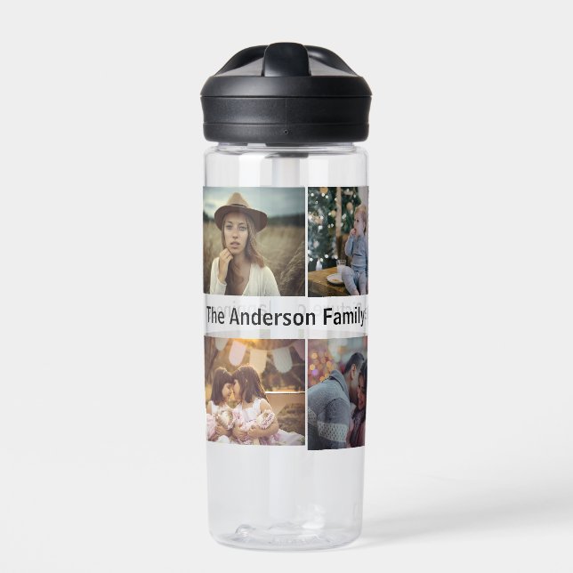 Family Photo Collage 8 Custom Pictures | Name Text Water Bottle (Front)