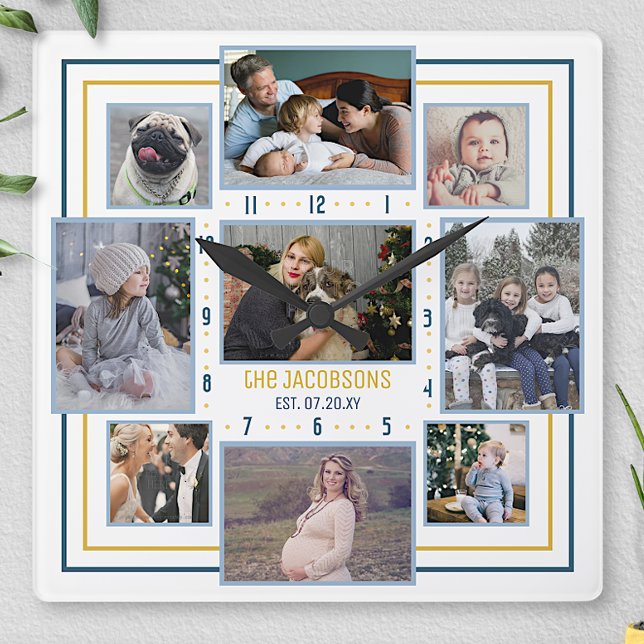 Family Photo Collage 9 Pic Name Blue Yellow Stripe Square Wall Clock (Creator Uploaded)