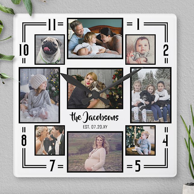 Family Photo Collage 9 Pic White Black Stripe Name Square Wall Clock (Creator Uploaded)