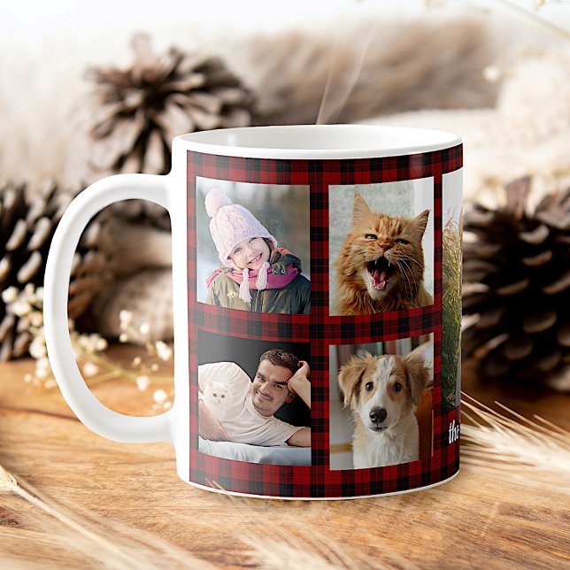 Family Photo Collage 9 Pictures Red Plaid Easy DIY Coffee Mug (Creator Uploaded)