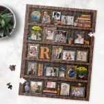 Family Photo Collage Antique Bookcase Personalized Jigsaw Puzzle<br><div class="desc">You won't find a more unique and beautiful way to display your family or wedding memories than this photo collage. This gorgeous design includes 19 of your personalized pictures, made to look like they are sitting in frames on an antique wood bookcase. Your photos are surrounded by images of vintage...</div>