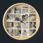 Family Photo Collage Artistic Sepia Mod Instagram Clock<br><div class="desc">This unique round (or square) wall clock has an abstract mid-century modern art look. Sixteen of your personalized photos will automatically appear in black-and-white behind semi-transparent sepia / golden yellow triangles. The result is a fractured artistic look. Instead of numbers, the clock has "twelve / three / six / nine"...</div>