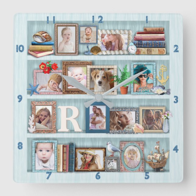 Family Photo Collage Beach Bookcase Personalized Square Wall Clock (Front)