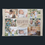 Family Photo Collage Believe Quote Neutral Beige Kitchen Towel<br><div class="desc">Photo Collage Kitchen Towel with 10 of your favourite photos. The wording in the centre reads "believe be happy" and is lettered in bold typography and casual, skinny font script. The photo template is set up for you to add 10 pictures, which are displayed in landscape, square and portrait pictures...</div>