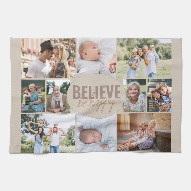 Family Photo Collage Believe Quote Neutral Beige Kitchen Towel (Horizontal)