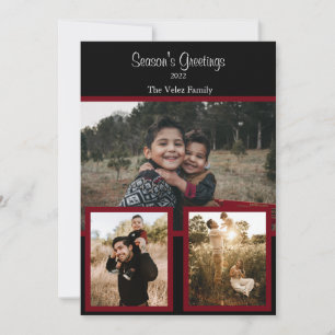 Family Photo Collage Black Burgundy White Script H Holiday Card