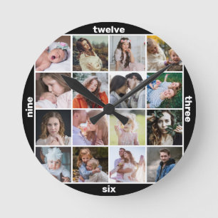Family Photo Collage Black Mod 16 Instagram Pic Round Clock