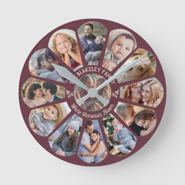 Family Photo Collage Burgundy Custom Flower Shape Round Clock (Front)