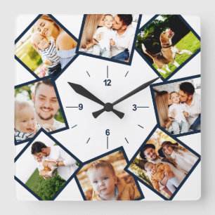 Family Photo Collage Chic Blue And White Square Wall Clock