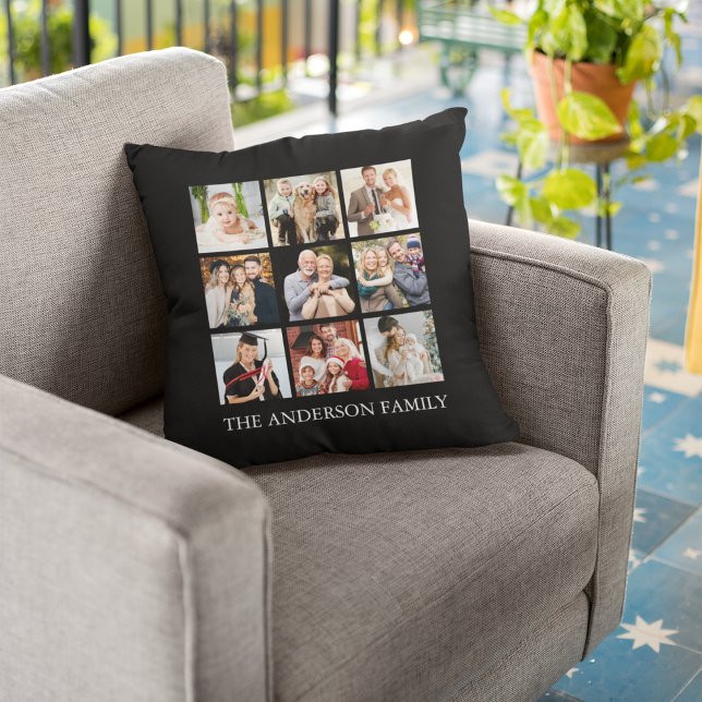 Family Photo Collage - Choose Your Colour Throw Pillow (Customize to change text size, text style or background color.)
