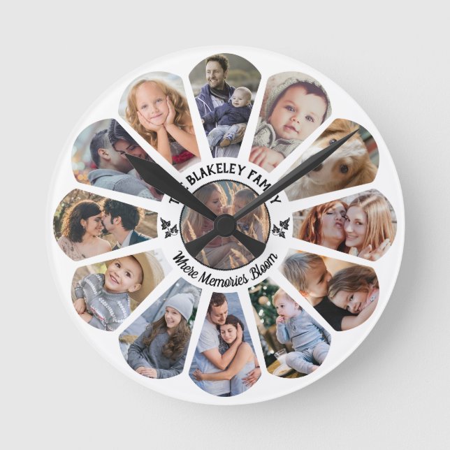 Family Photo Collage Custom 13 Pics Flower Shape Round Clock (Front)