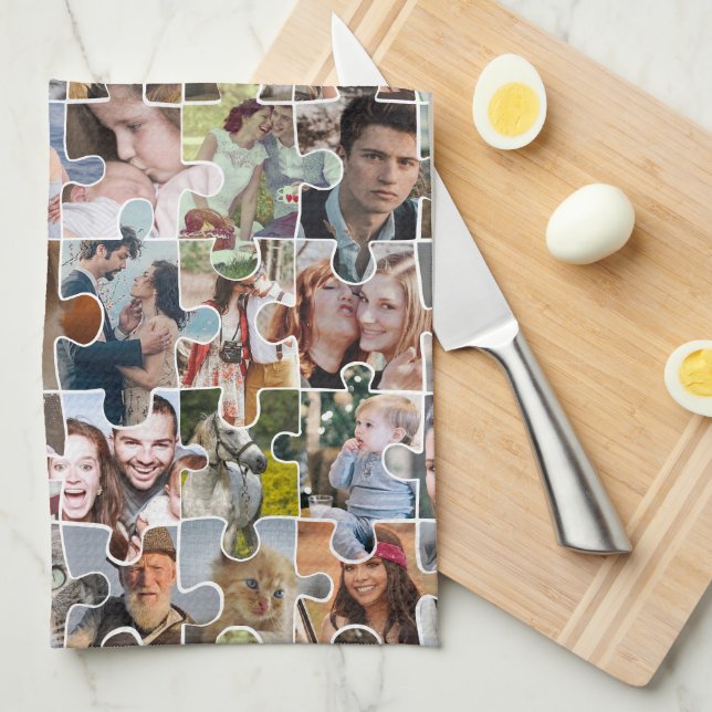 Family Photo Collage Custom 24 Pic Puzzle Shape Kitchen Towel (Quarter Fold)