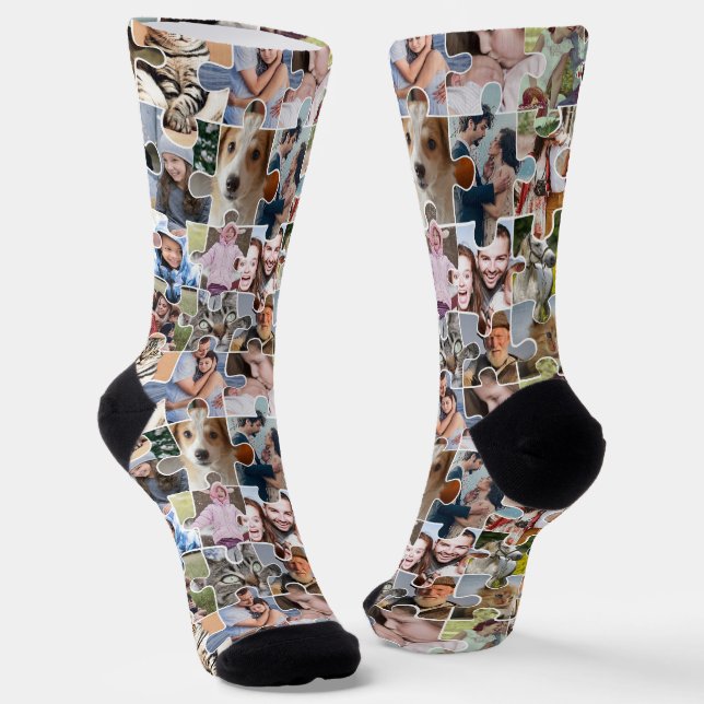Family Photo Collage Custom 24 Pic Puzzle Shape Socks (Angled)