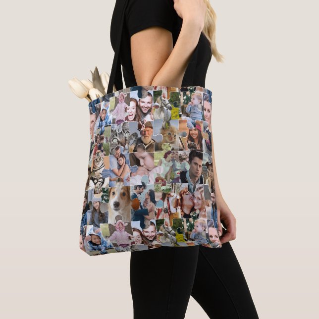 Family Photo Collage Custom 24 Pic Puzzle Shape Tote Bag (Close Up)