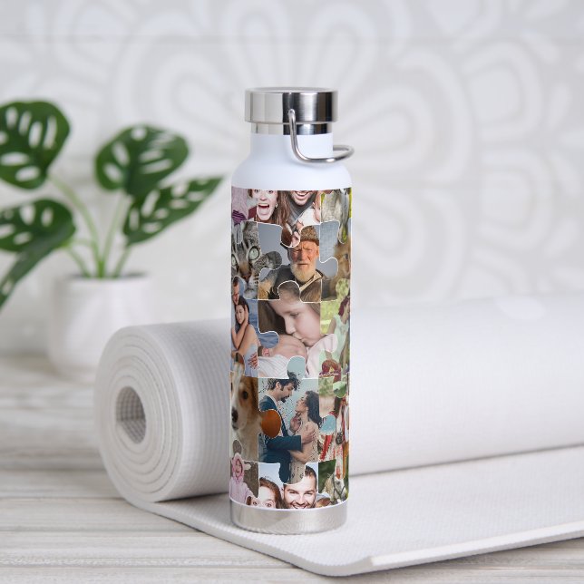 Family Photo Collage Custom 24 Pic Puzzle Shape Water Bottle (Yoga)