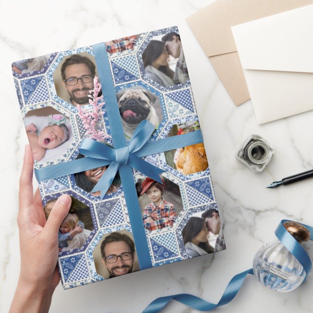 Family Photo Collage Easy Blue Quilt Look 28 Pics  Wrapping Paper (Gifting)