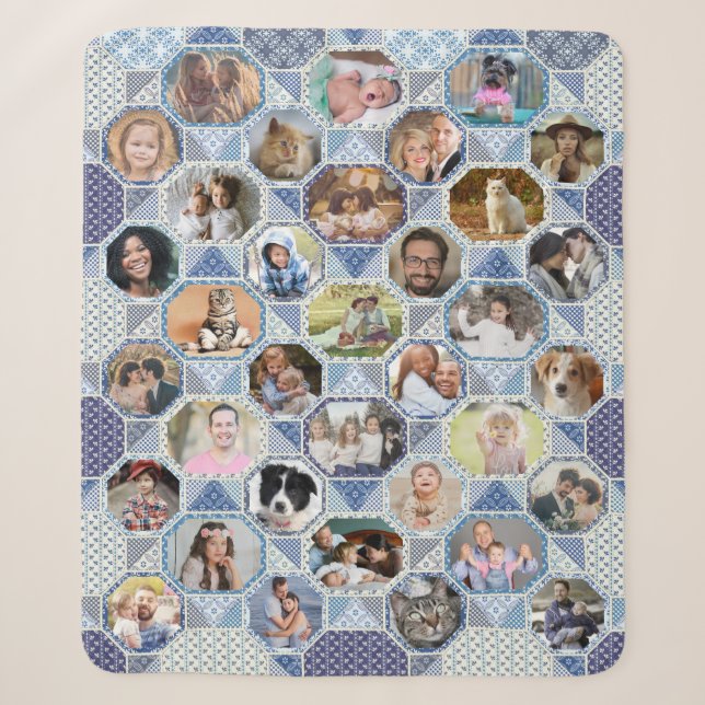 Family Photo Collage Easy Blue Quilt Look 35 Pics Sherpa Blanket (Front)