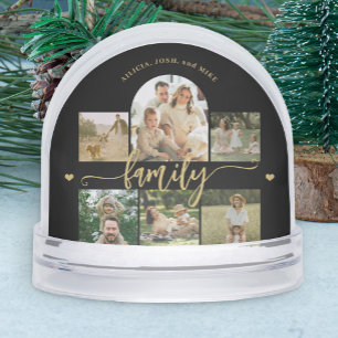 Family photo collage elegant gold script keepsake snowglobe
